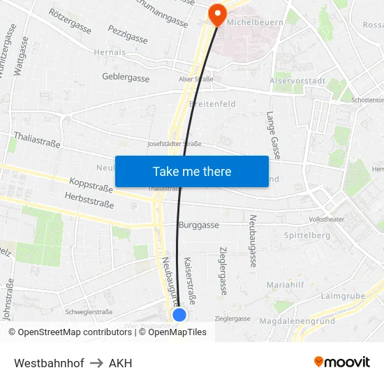 Westbahnhof to AKH map