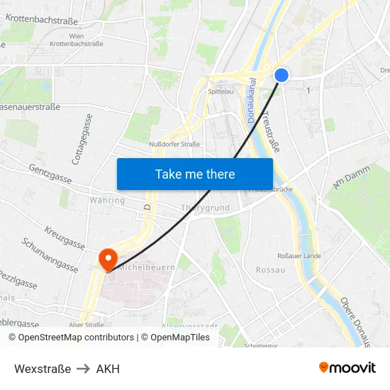 Wexstraße to AKH map