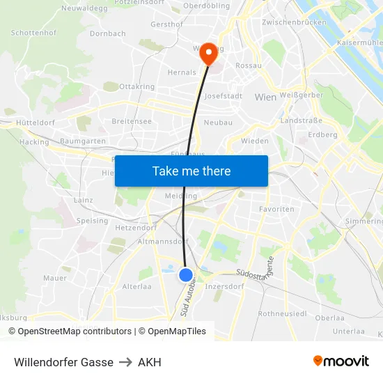 Willendorfer Gasse to AKH map