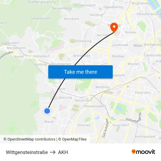 Wittgensteinstraße to AKH map