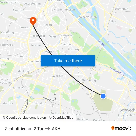 Zentralfriedhof 2.Tor to AKH map