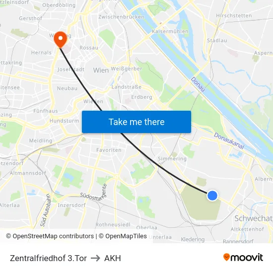 Zentralfriedhof 3.Tor to AKH map