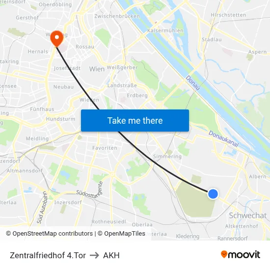 Zentralfriedhof 4.Tor to AKH map