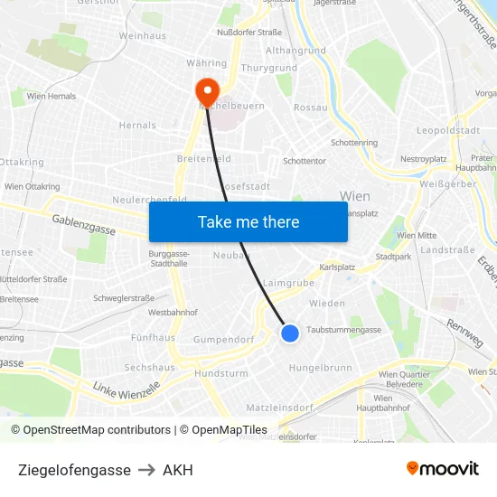 Ziegelofengasse to AKH map