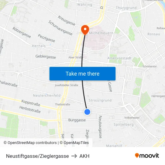 Neustiftgasse/Zieglergasse to AKH map