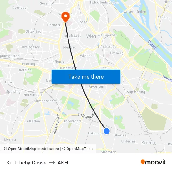 Kurt-Tichy-Gasse to AKH map
