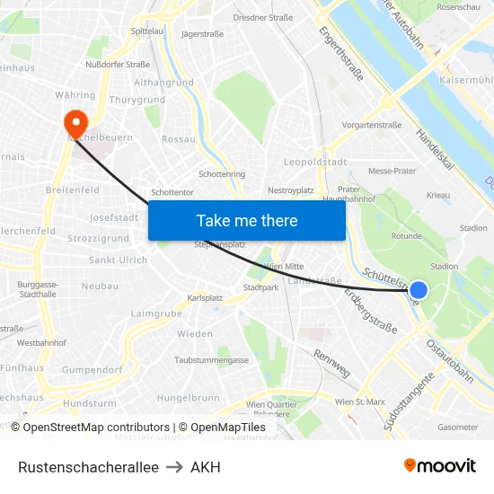 Rustenschacherallee to AKH map