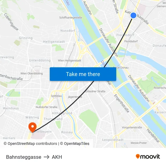 Bahnsteggasse to AKH map