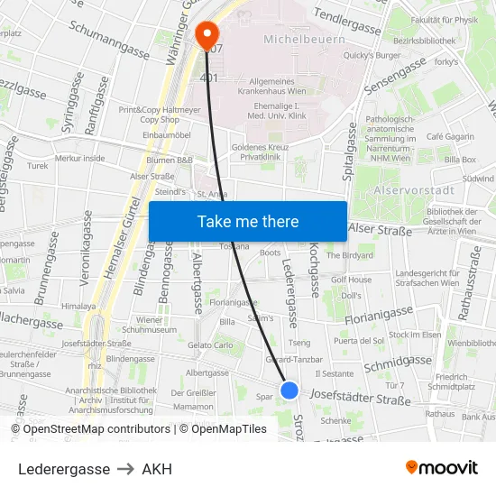 Lederergasse to AKH map
