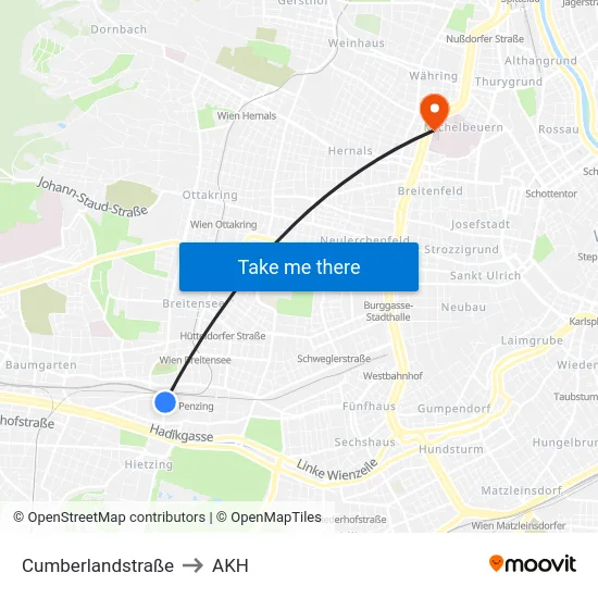 Cumberlandstraße to AKH map