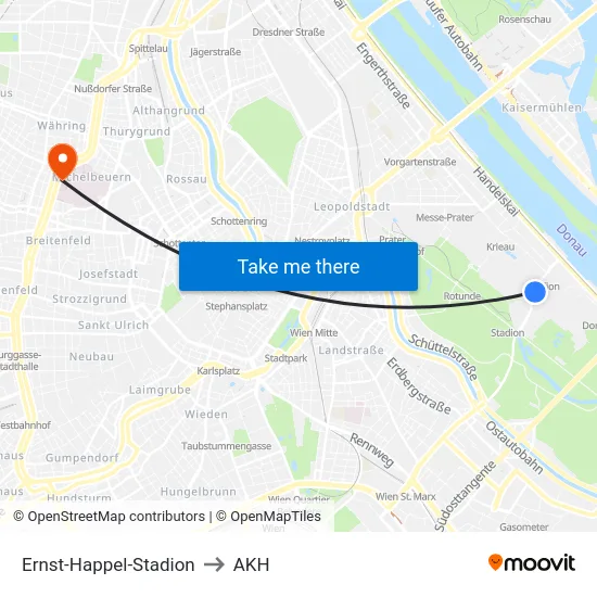 Ernst-Happel-Stadion to AKH map