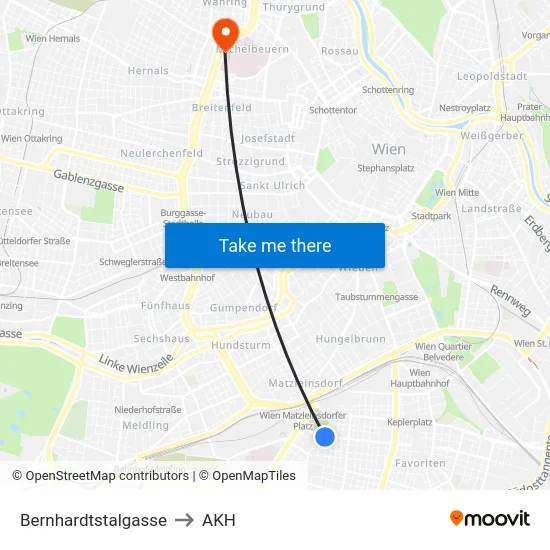 Bernhardtstalgasse to AKH map