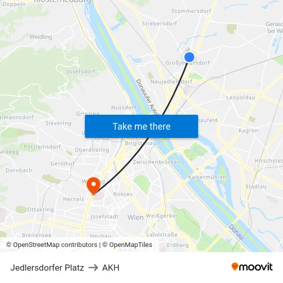 Jedlersdorfer Platz to AKH map