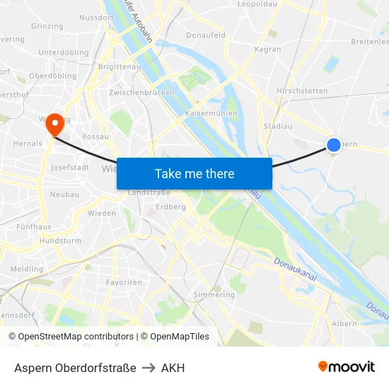 Aspern Oberdorfstraße to AKH map