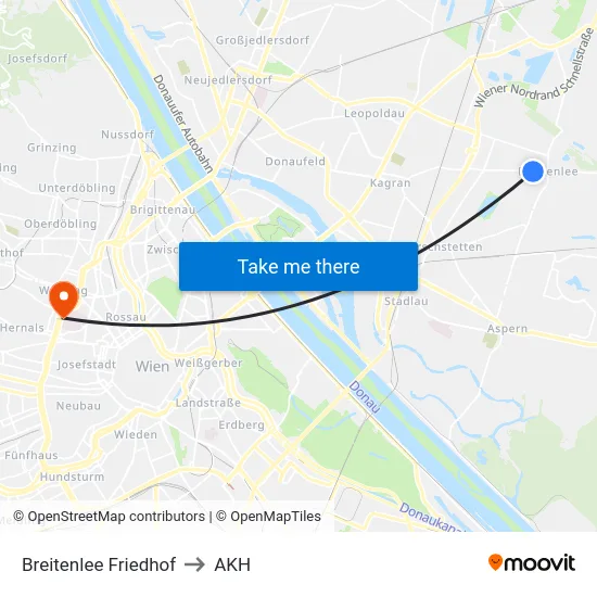 Breitenlee Friedhof to AKH map
