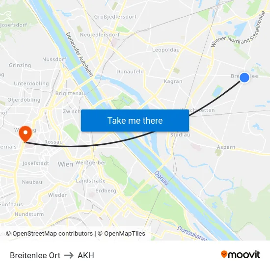 Breitenlee Ort to AKH map
