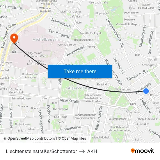 Liechtensteinstraße/Schottentor to AKH map