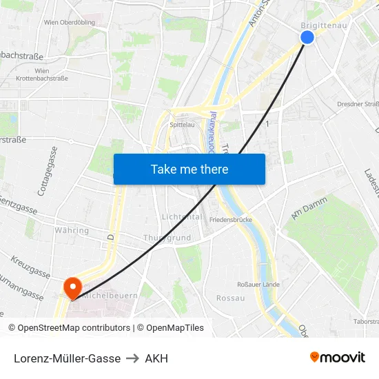 Lorenz-Müller-Gasse to AKH map