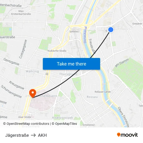 Jägerstraße to AKH map