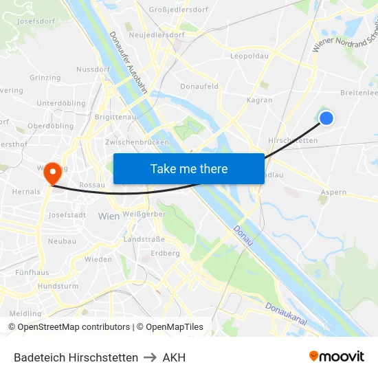 Badeteich Hirschstetten to AKH map