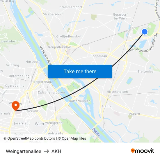Weingartenallee to AKH map