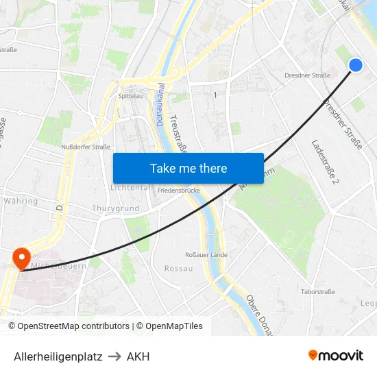 Allerheiligenplatz to AKH map
