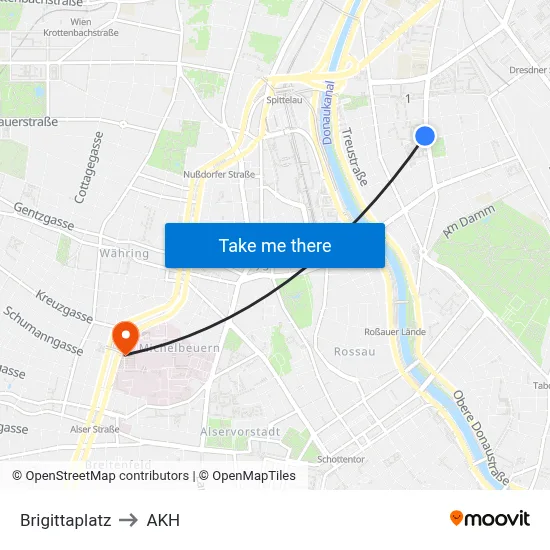 Brigittaplatz to AKH map