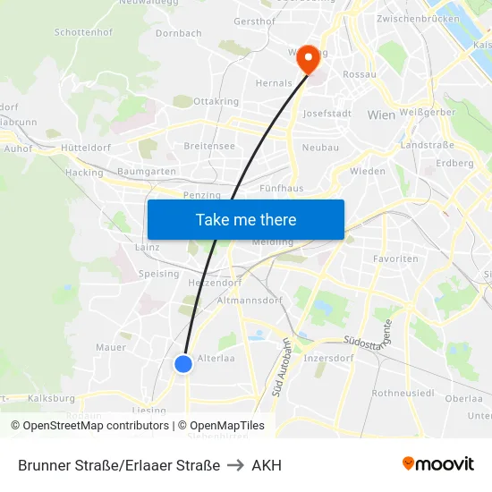 Brunner Straße/Erlaaer Straße to AKH map
