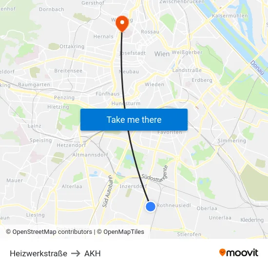 Heizwerkstraße to AKH map