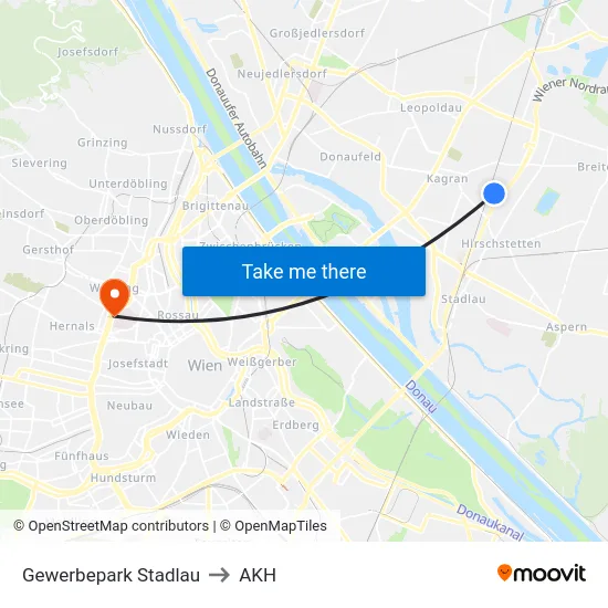 Gewerbepark Stadlau to AKH map