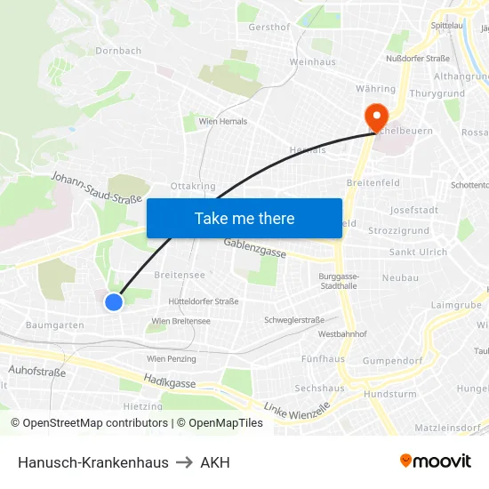 Hanusch-Krankenhaus to AKH map