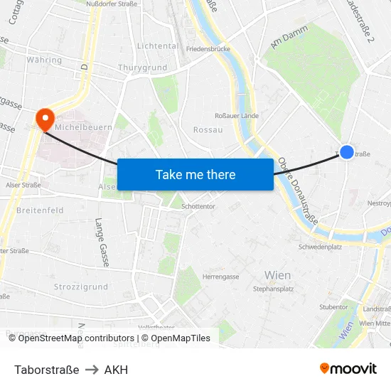 Taborstraße to AKH map