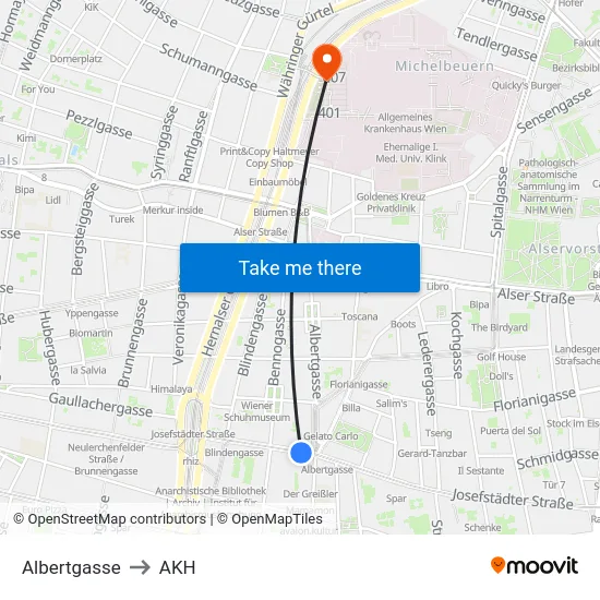 Albertgasse to AKH map