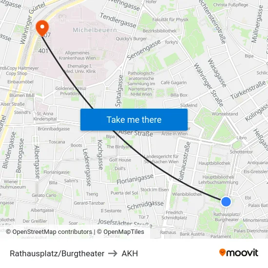 Rathausplatz/Burgtheater to AKH map