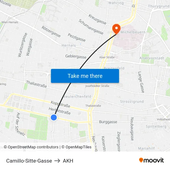 Camillo-Sitte-Gasse to AKH map