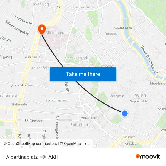 Albertinaplatz to AKH map