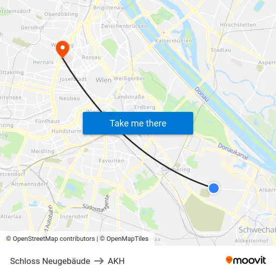 Schloss Neugebäude to AKH map