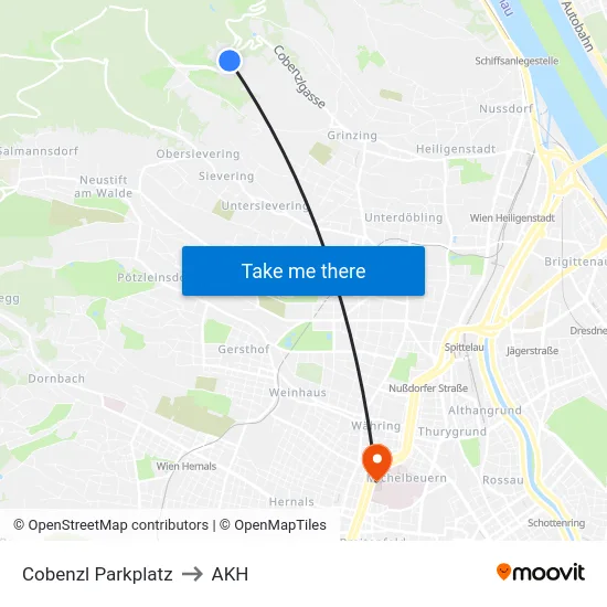 Cobenzl Parkplatz to AKH map