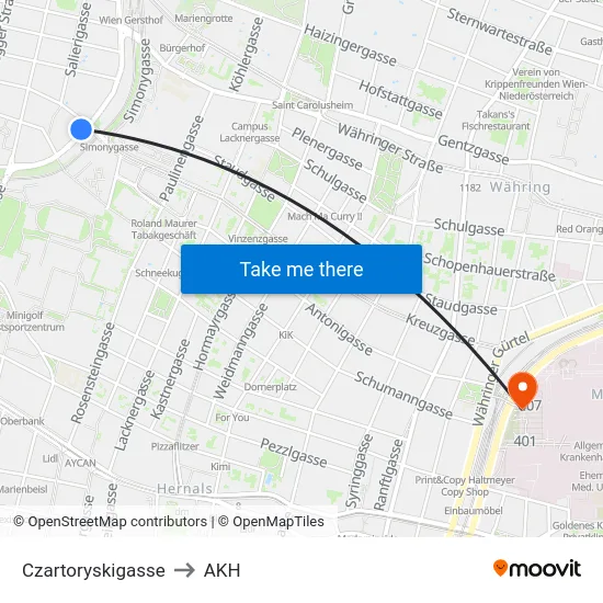 Czartoryskigasse to AKH map