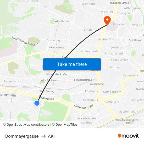 Dommayergasse to AKH map