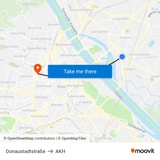 Donaustadtstraße to AKH map