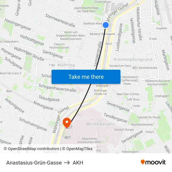 Anastasius-Grün-Gasse to AKH map