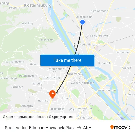 Strebersdorf Edmund-Hawranek-Platz to AKH map
