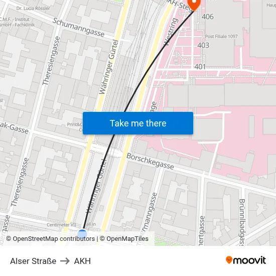 Alser Straße to AKH map