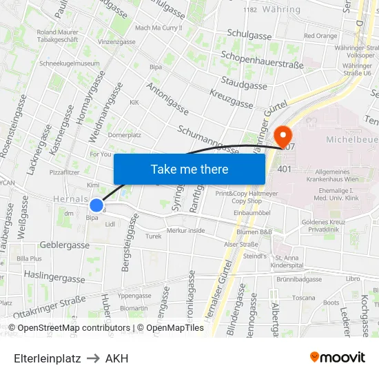 Elterleinplatz to AKH map