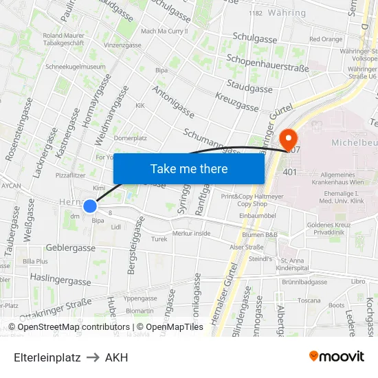 Elterleinplatz to AKH map