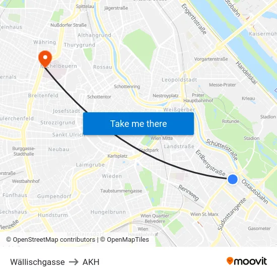Wällischgasse to AKH map