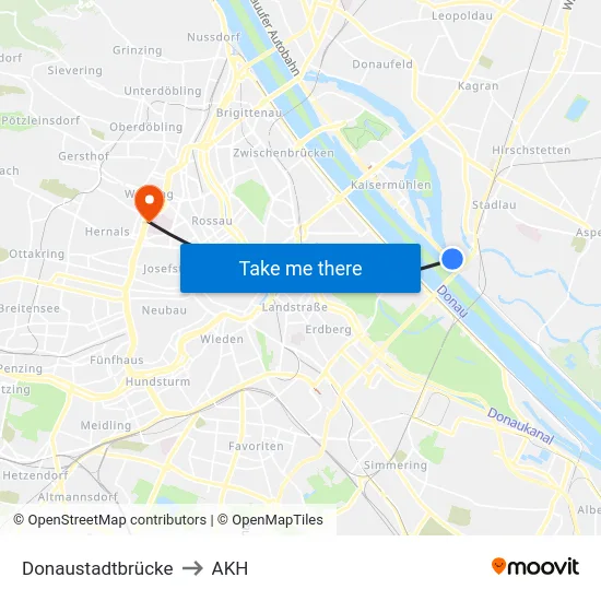 Donaustadtbrücke to AKH map