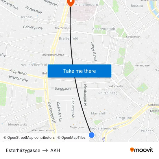 Esterházygasse to AKH map