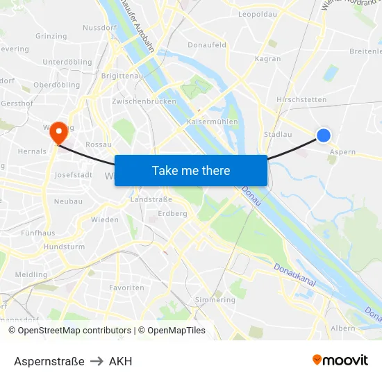 Aspernstraße to AKH map